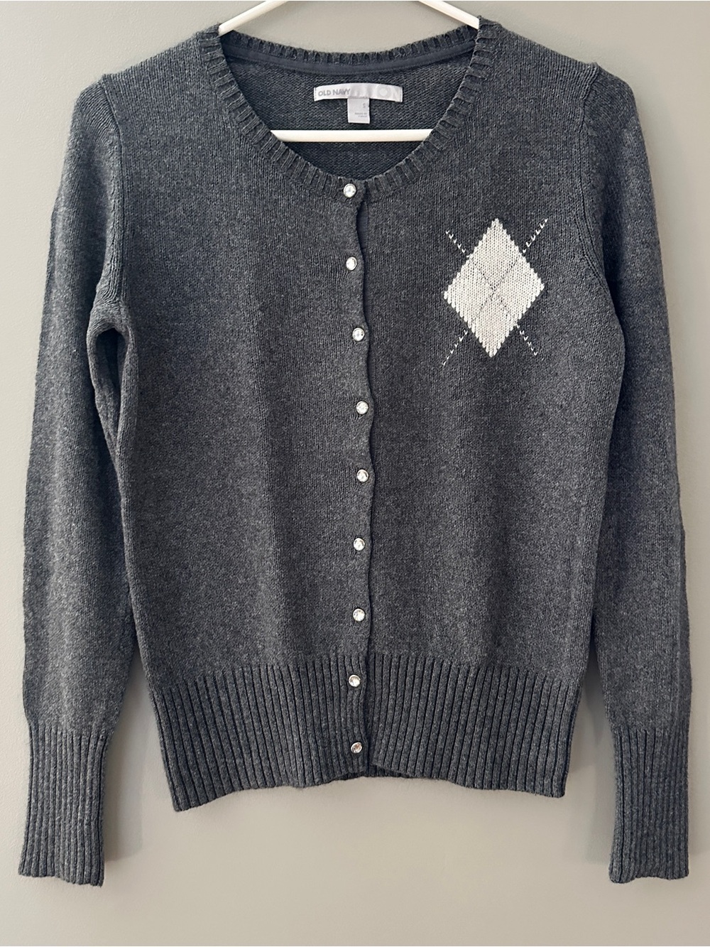 Old Navy Charcoal Gray Argyle Button Cardigan with White Diamond